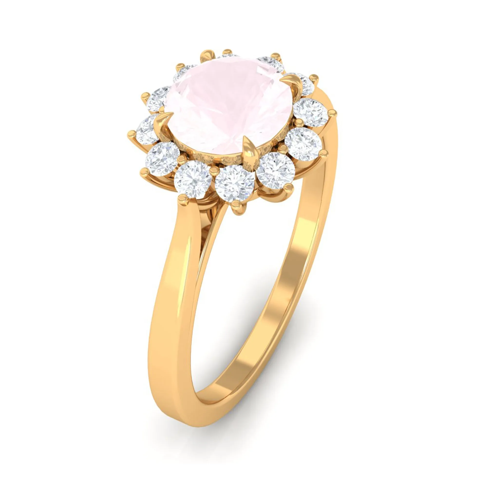 Round Shape Natural Rose Quartz Halo Ring with Diamond