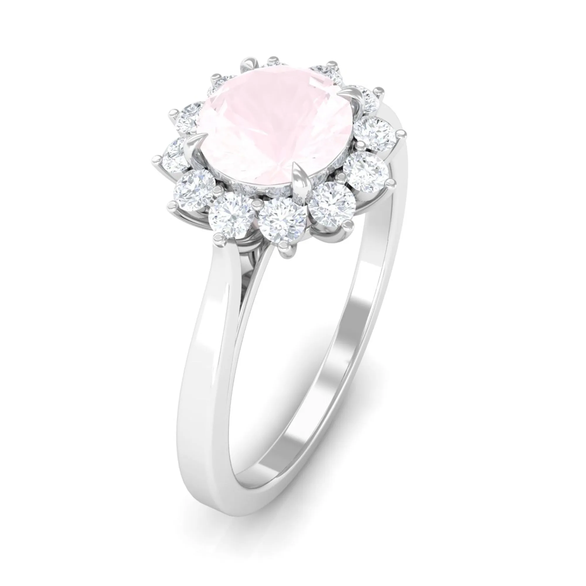 Round Shape Natural Rose Quartz Halo Ring with Diamond