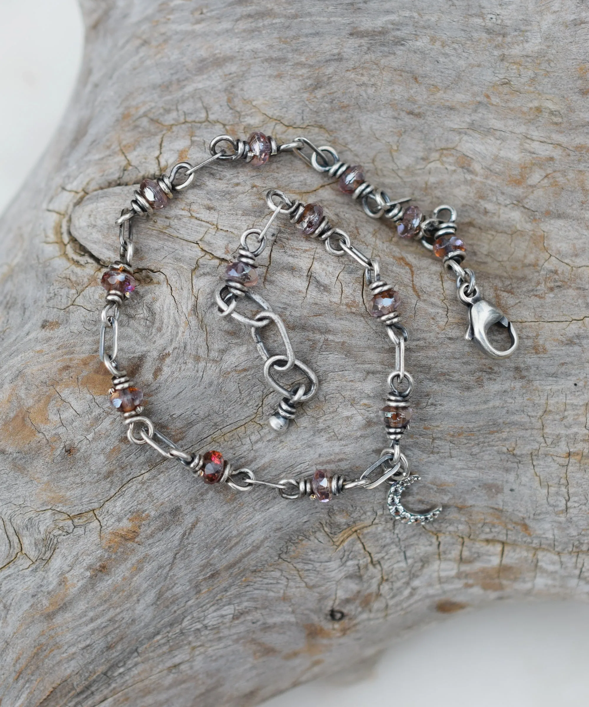 Silver Chain Beaded Bracelet Crescent Moon Pale Pink Blush Nano Gem Sparkling New Moon