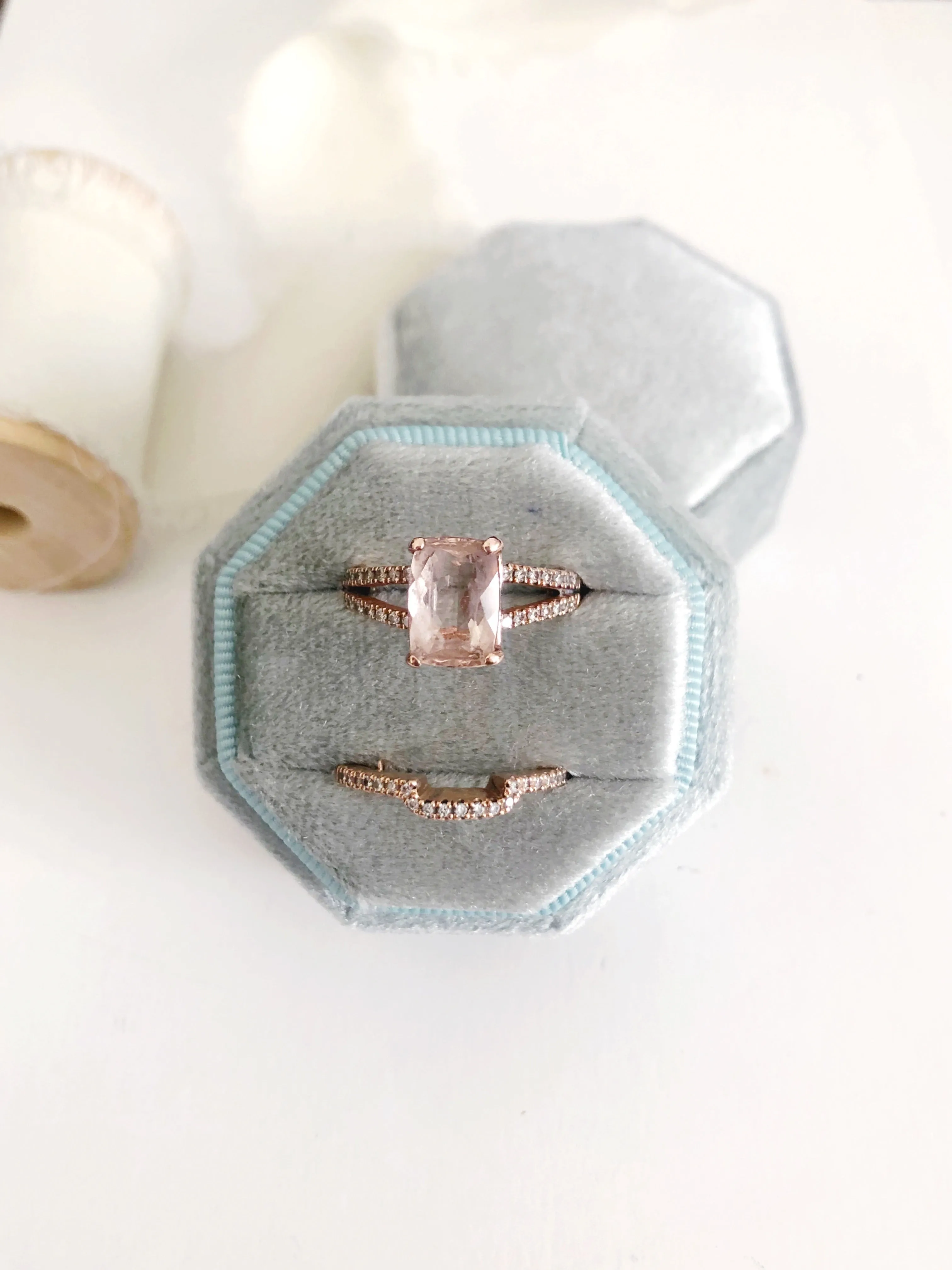 Silver Sage Velvet Round Octagon Ring Box
