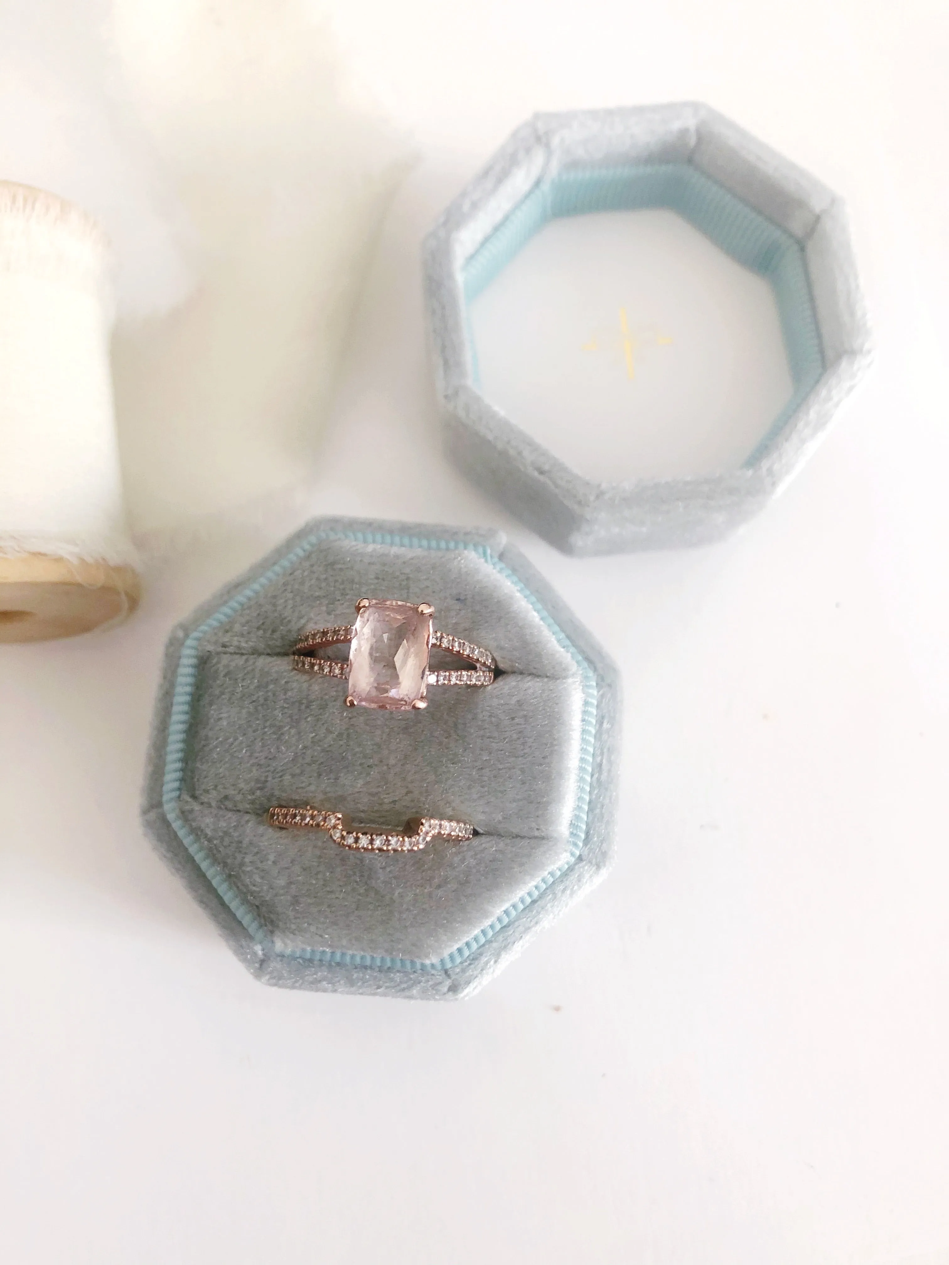 Silver Sage Velvet Round Octagon Ring Box