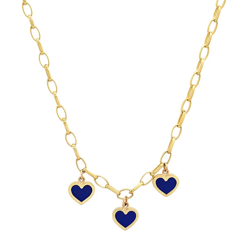 Small Edith Link Necklace with 3 Lapis Inlay Heart Drops