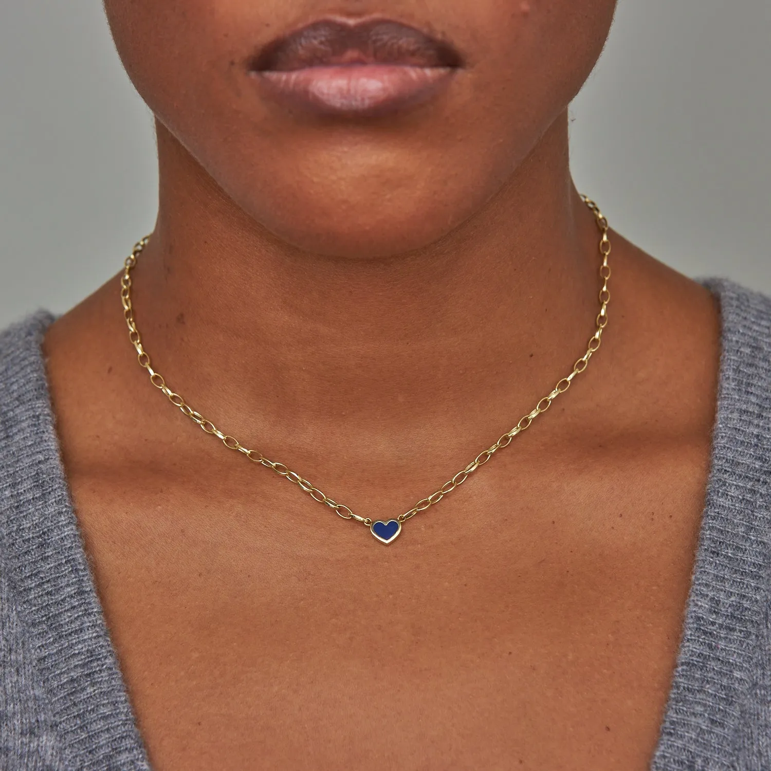 Small Edith Link Necklace with Lapis Inlay Heart