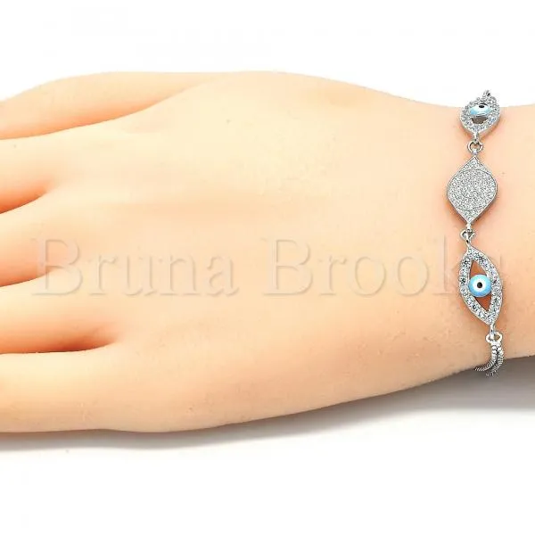 Sterling Silver 03.286.0009.07 Fancy Bracelet, Greek Eye Design, with White Micro Pave and White Cubic Zirconia, Turquoise Enamel Finish, Rhodium Tone
