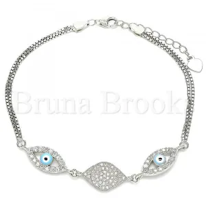 Sterling Silver 03.286.0009.07 Fancy Bracelet, Greek Eye Design, with White Micro Pave and White Cubic Zirconia, Turquoise Enamel Finish, Rhodium Tone