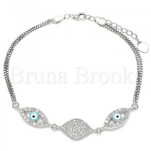 Sterling Silver 03.286.0009.07 Fancy Bracelet, Greek Eye Design, with White Micro Pave and White Cubic Zirconia, Turquoise Enamel Finish, Rhodium Tone