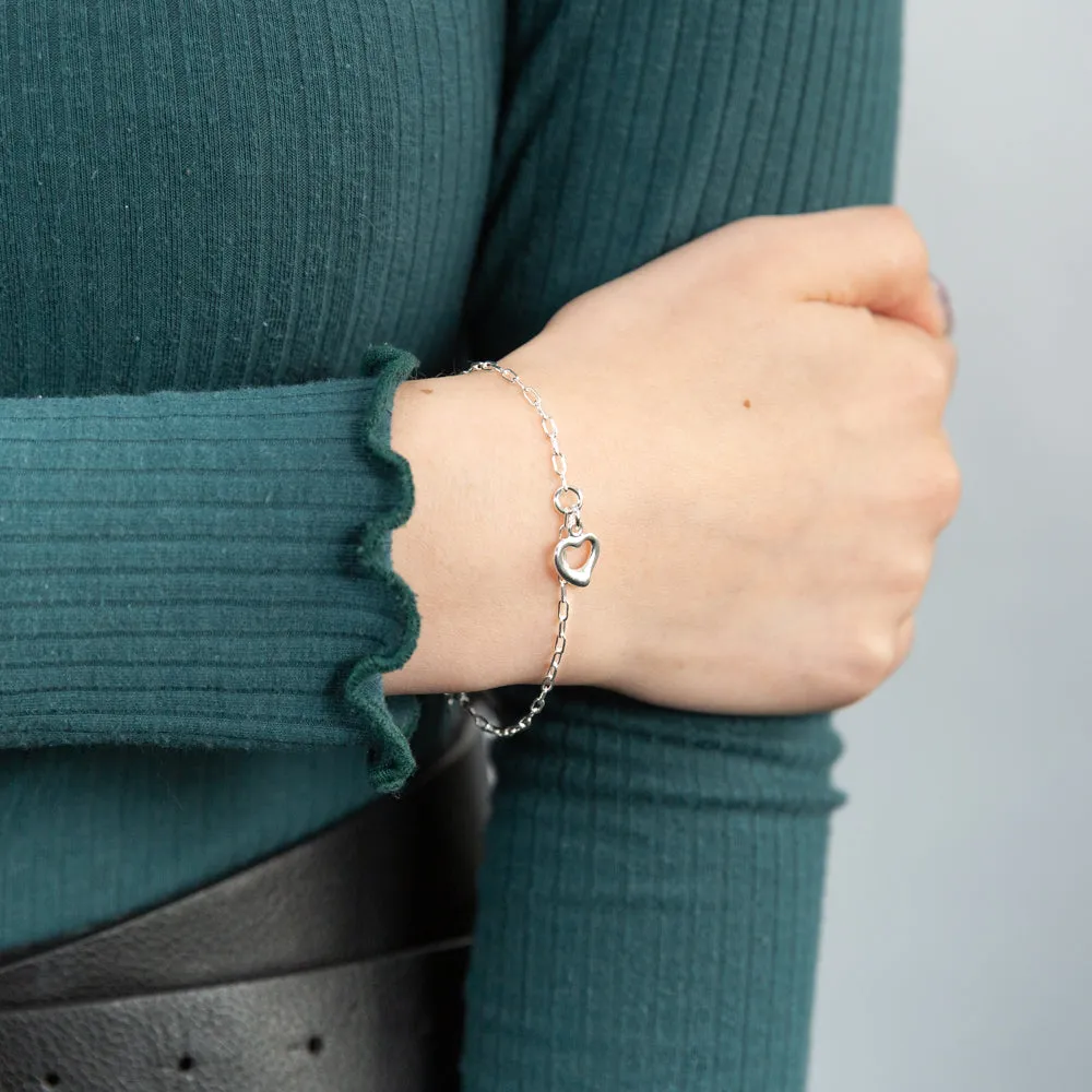 Sterling Silver Open Heart Charm On 19cm Bracelet