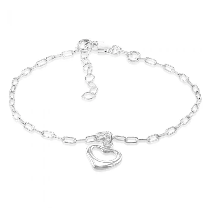 Sterling Silver Open Heart Charm On 19cm Bracelet
