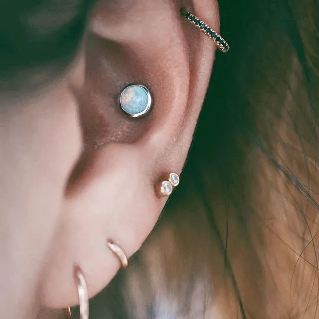 Threaded Opal Earring by Maria Tash in 14K White Gold. Flat Stud.