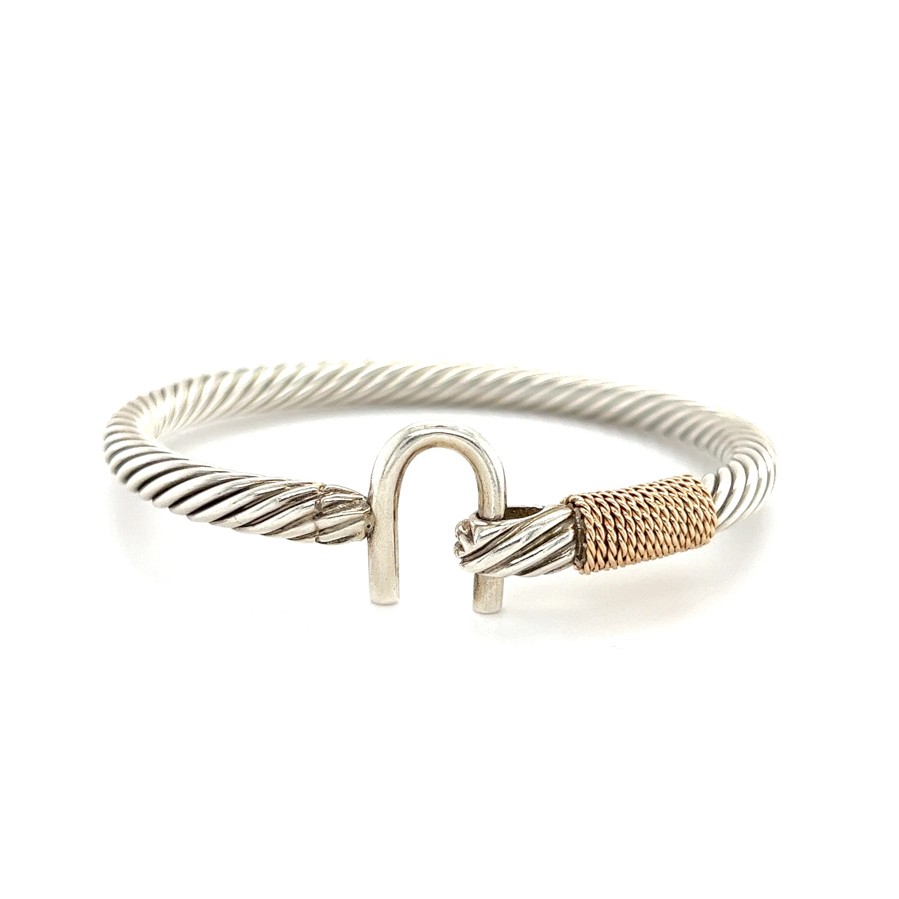 U Cable 5mm Bangle Bracelet with 14K Yellow Gold Wrap in Sterling Silver