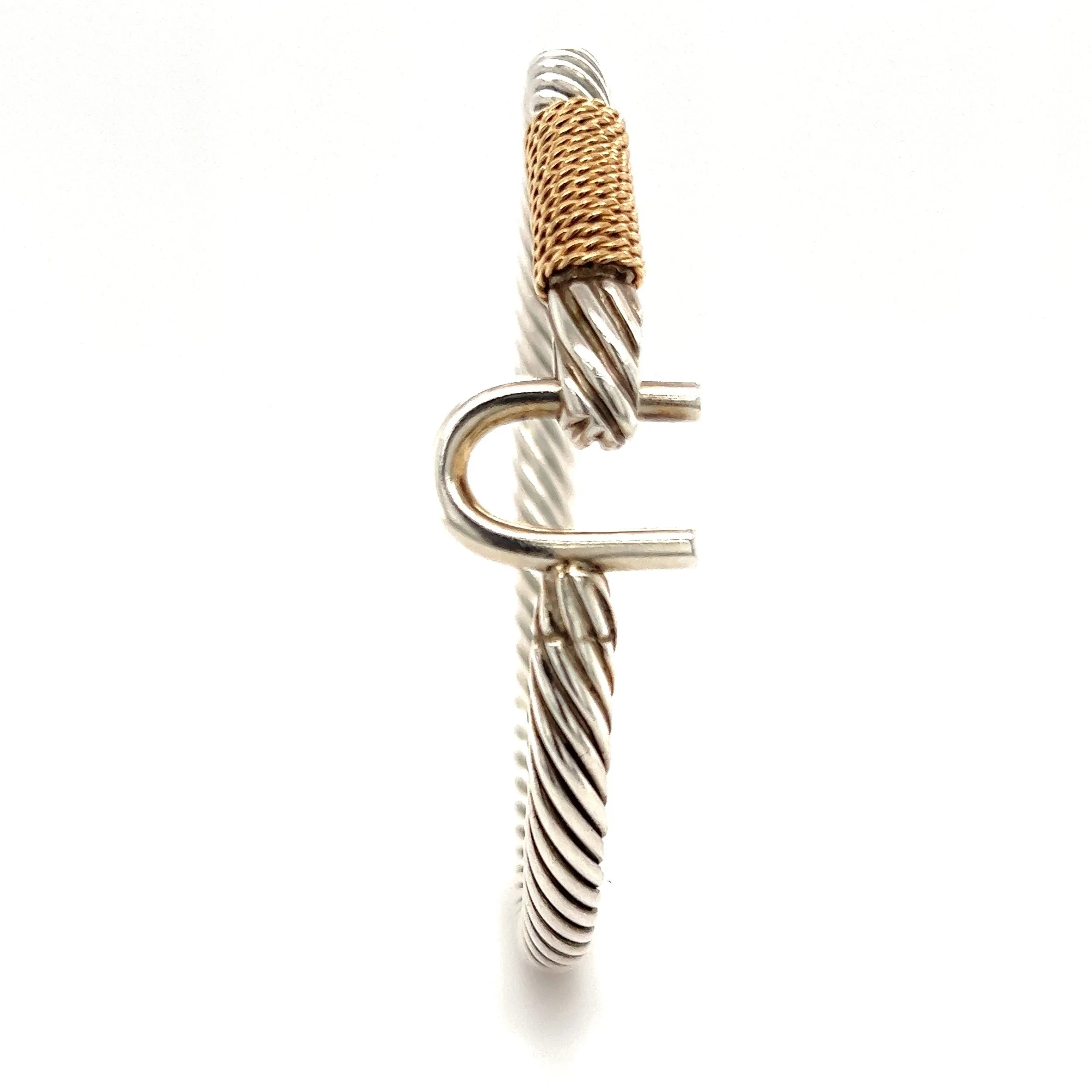 U Cable 5mm Bangle Bracelet with 14K Yellow Gold Wrap in Sterling Silver