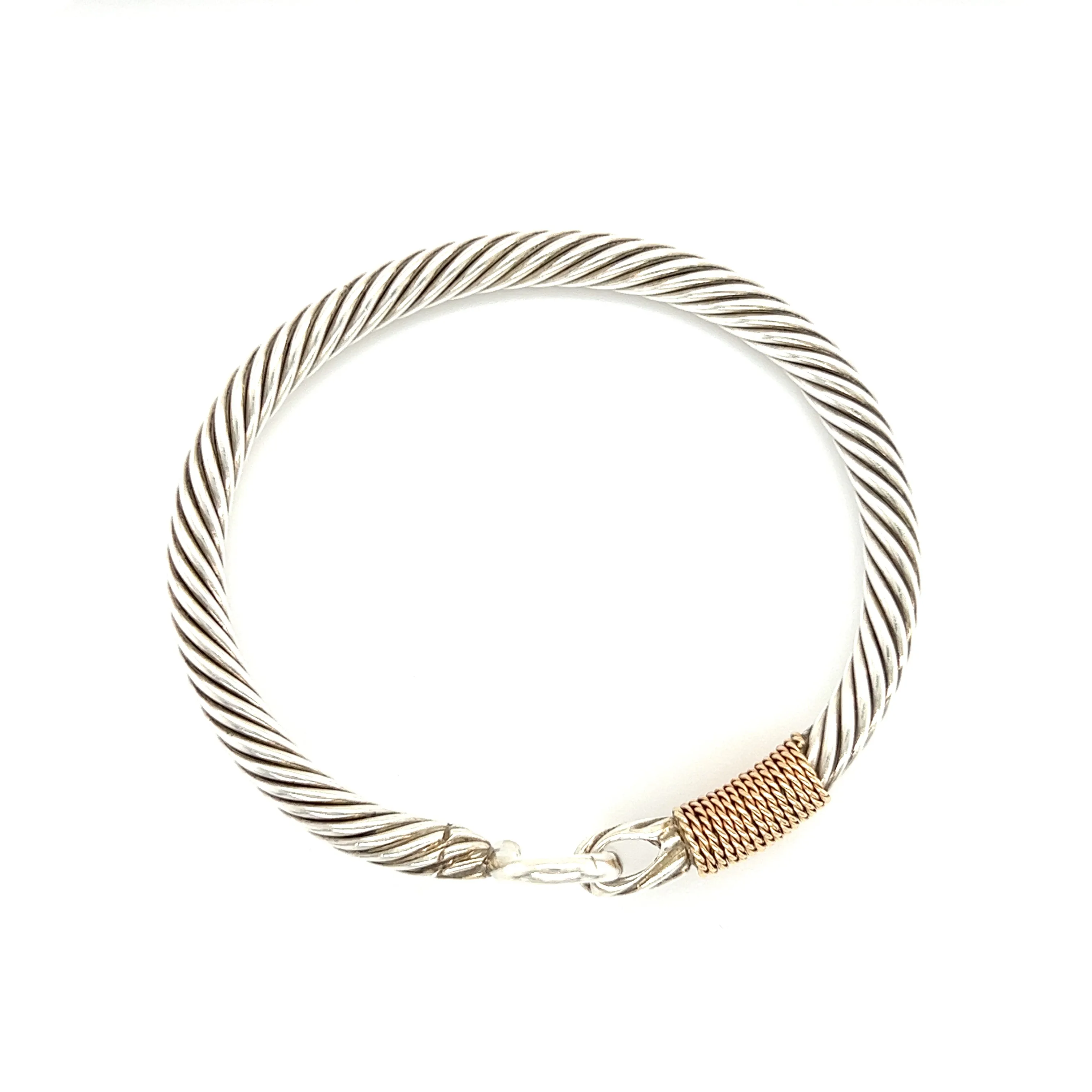 U Cable 5mm Bangle Bracelet with 14K Yellow Gold Wrap in Sterling Silver