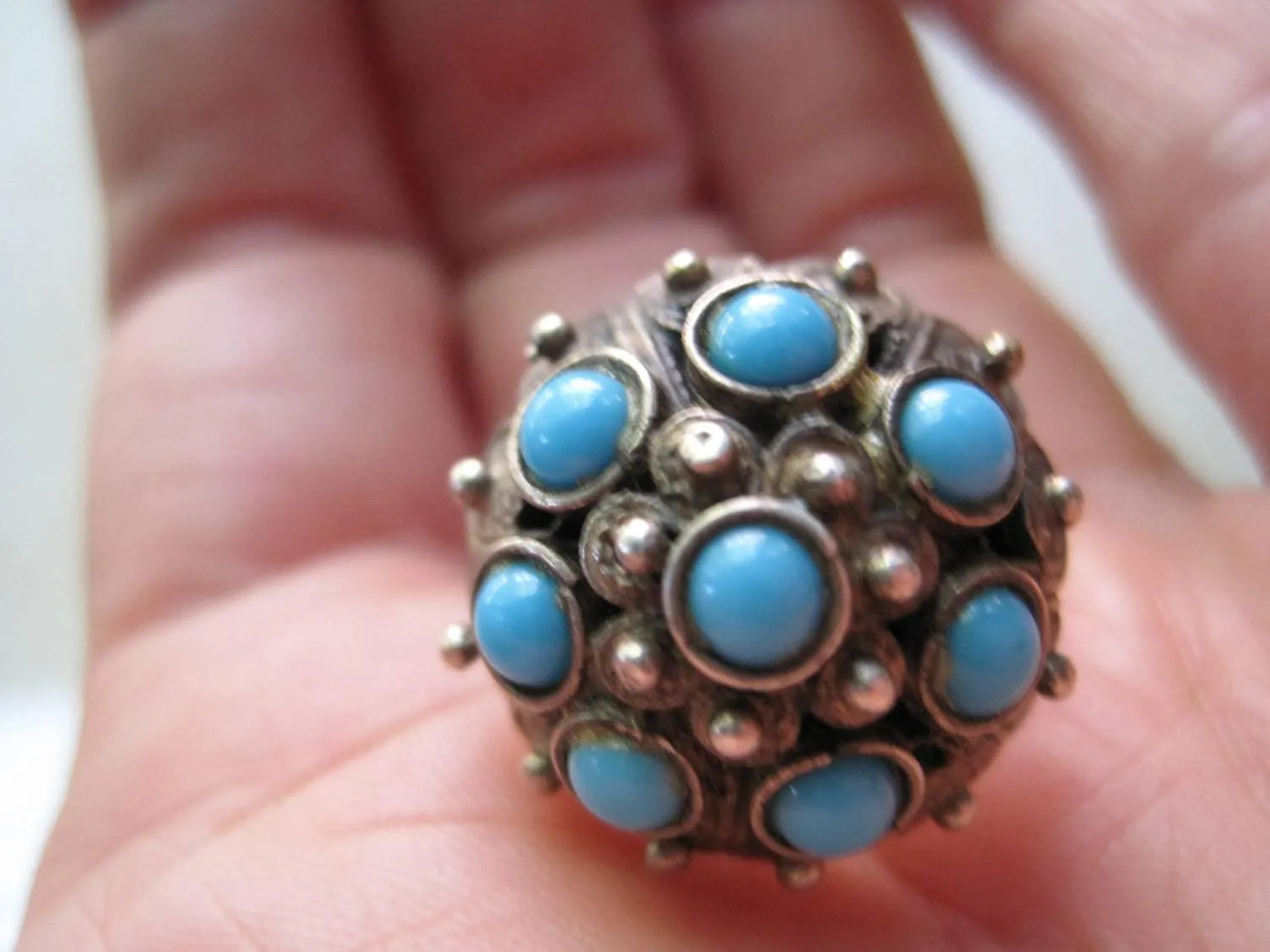 Vintage Etruscan Style Sterling Silver Filigree and Turquoise Cluster Ring