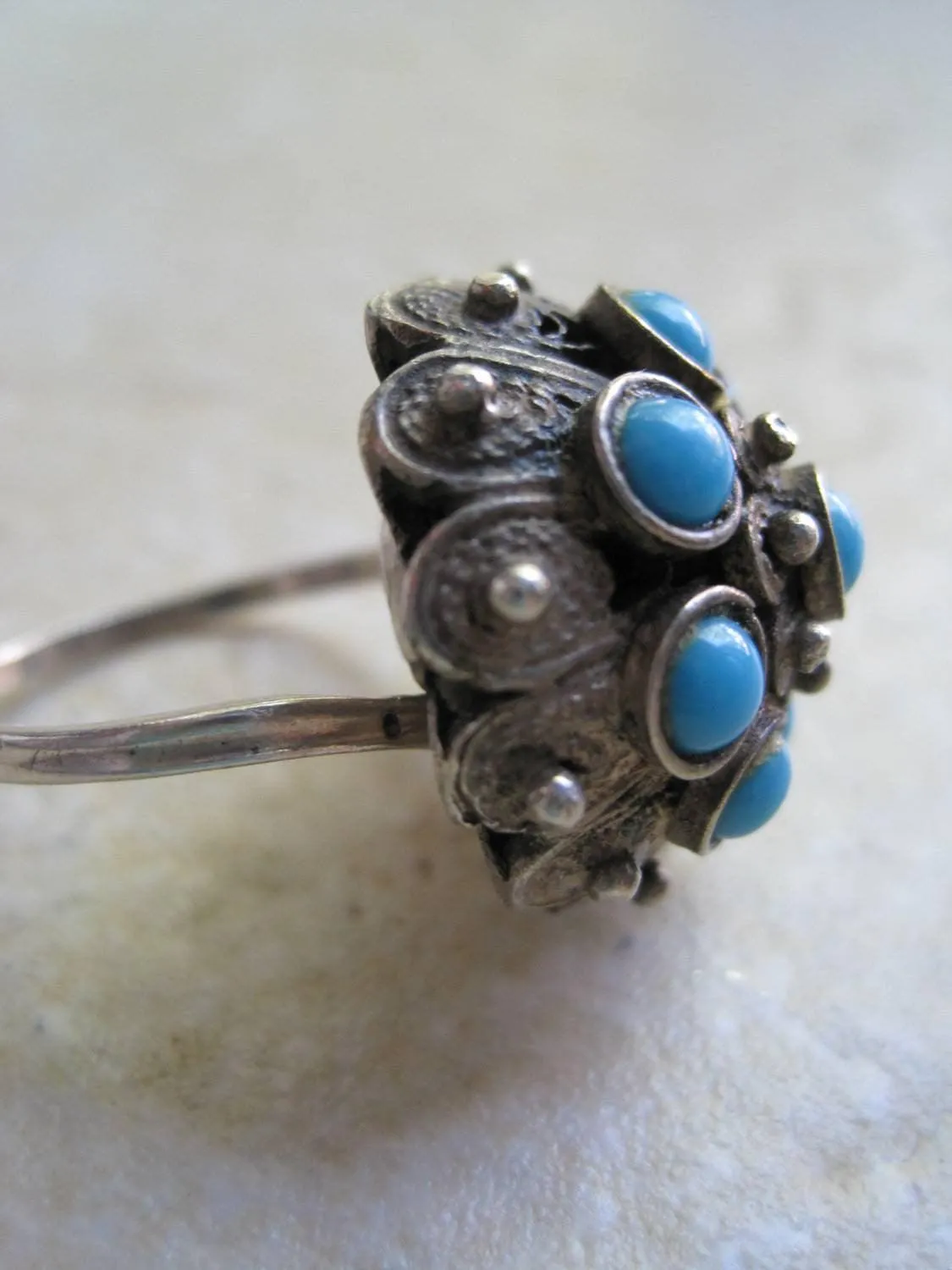 Vintage Etruscan Style Sterling Silver Filigree and Turquoise Cluster Ring