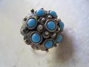 Vintage Etruscan Style Sterling Silver Filigree and Turquoise Cluster Ring