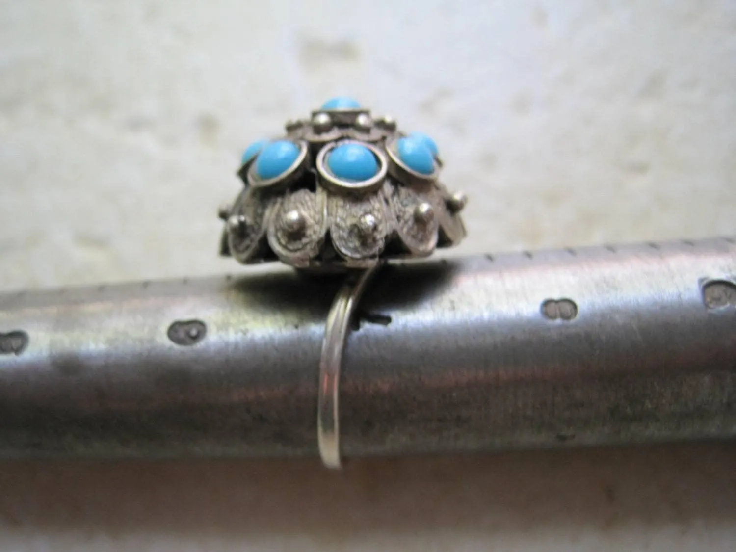 Vintage Etruscan Style Sterling Silver Filigree and Turquoise Cluster Ring