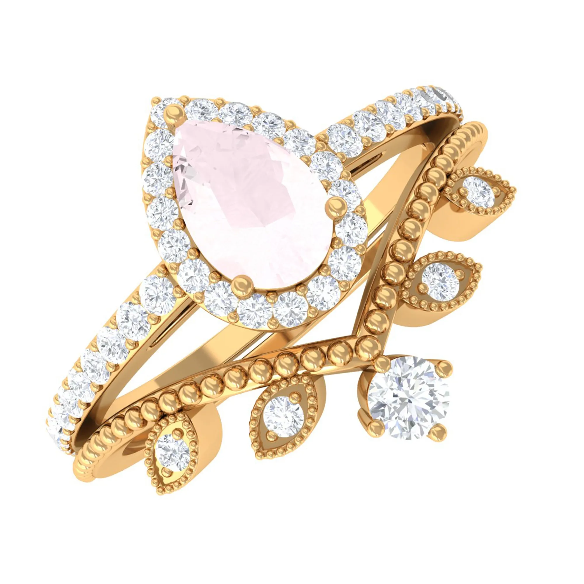 Vintage Inspired Rose Quartz Teardrop Wedding Ring Set with Diamond