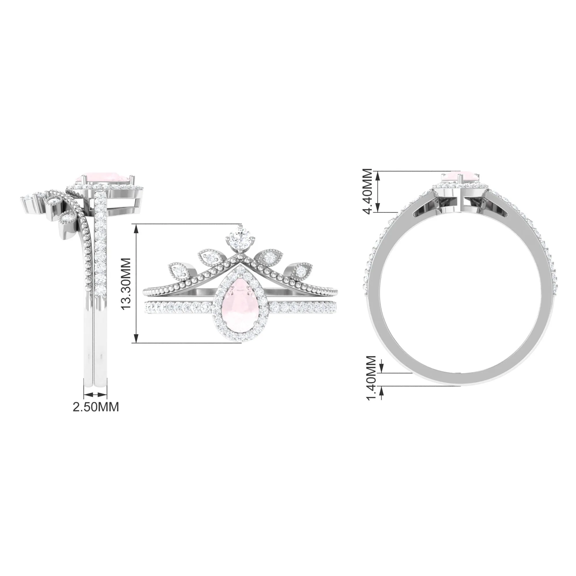 Vintage Inspired Rose Quartz Teardrop Wedding Ring Set with Diamond