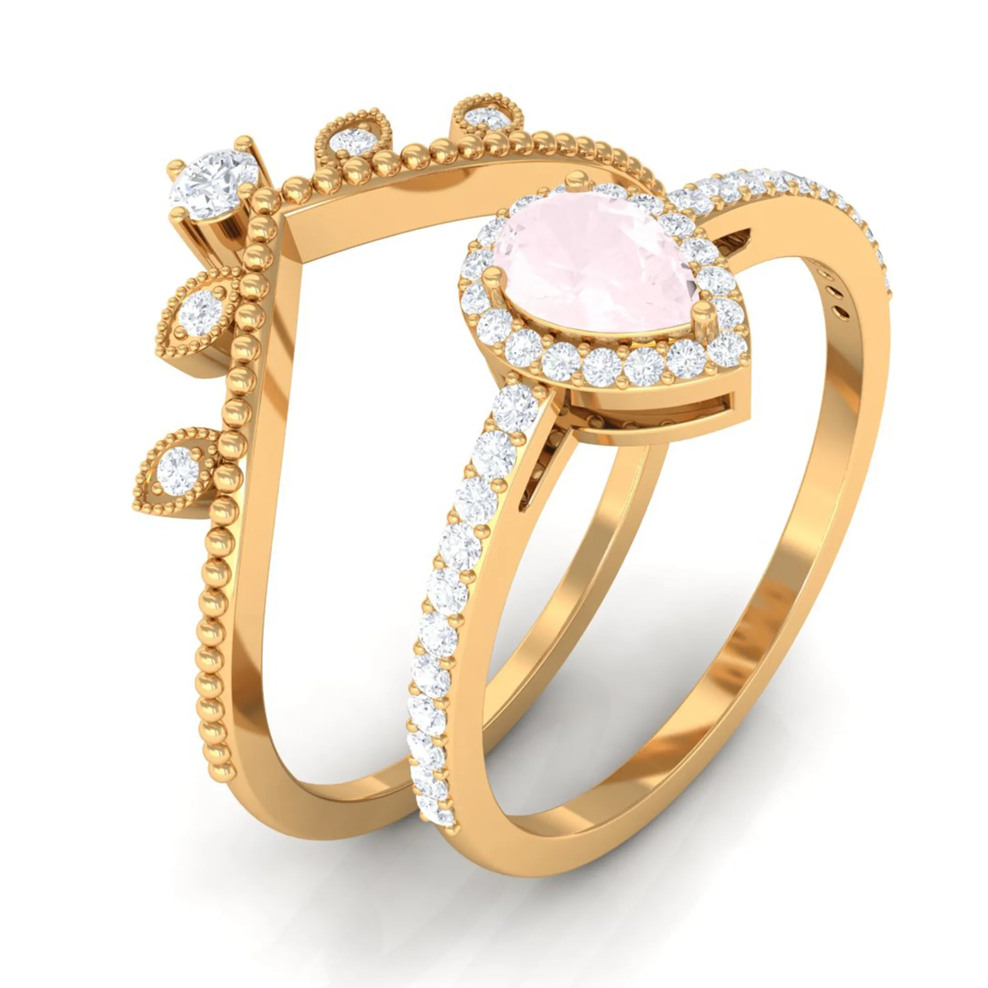 Vintage Inspired Rose Quartz Teardrop Wedding Ring Set with Diamond