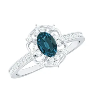 Vintage Style London Blue Topaz and Diamond Flower Engagement Ring