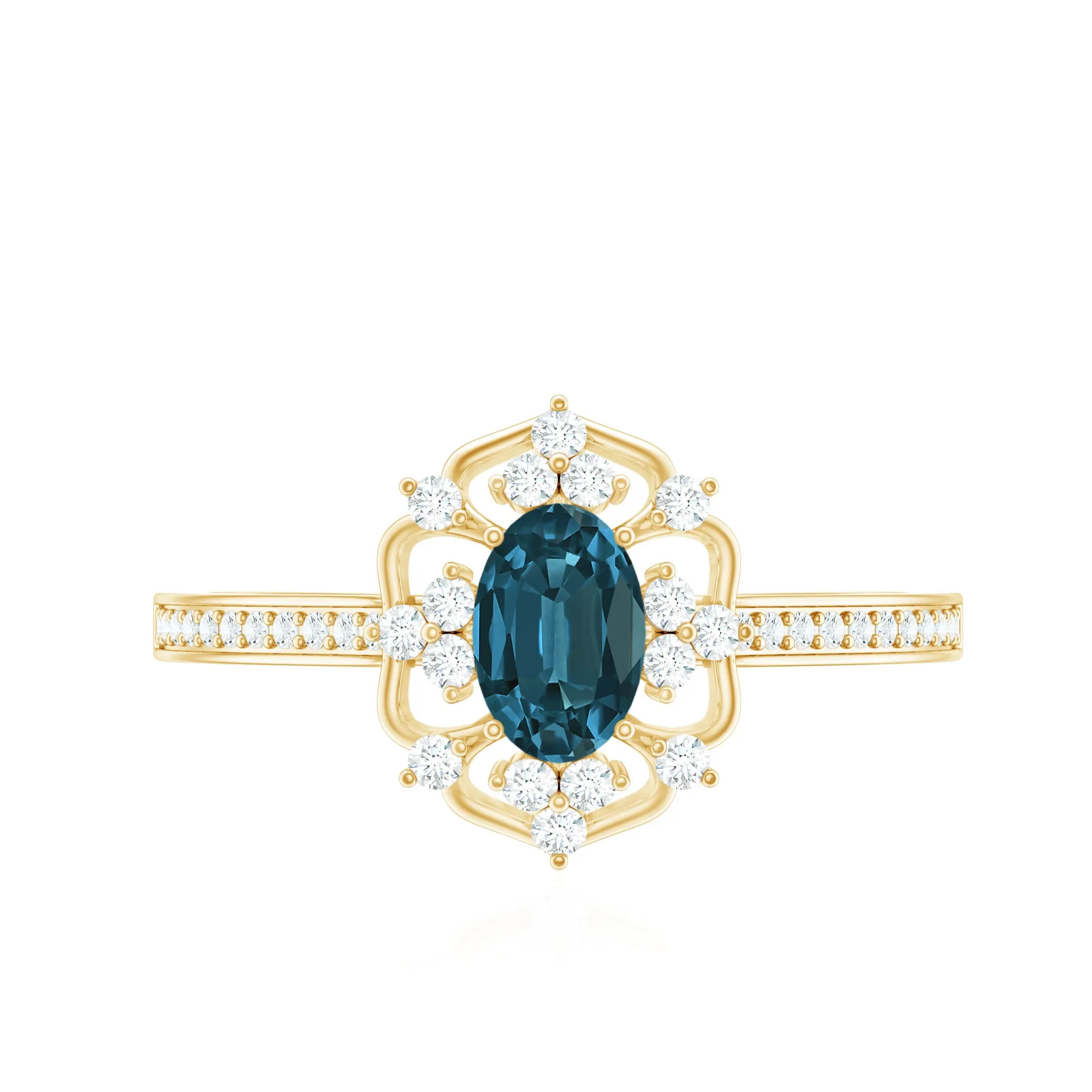 Vintage Style London Blue Topaz and Diamond Flower Engagement Ring