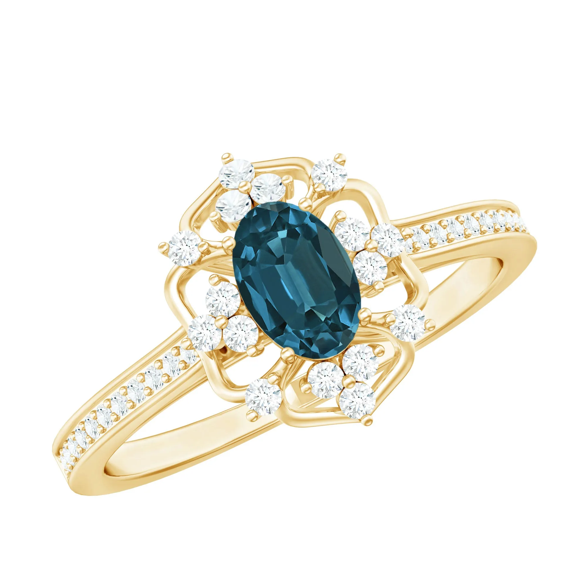 Vintage Style London Blue Topaz and Diamond Flower Engagement Ring