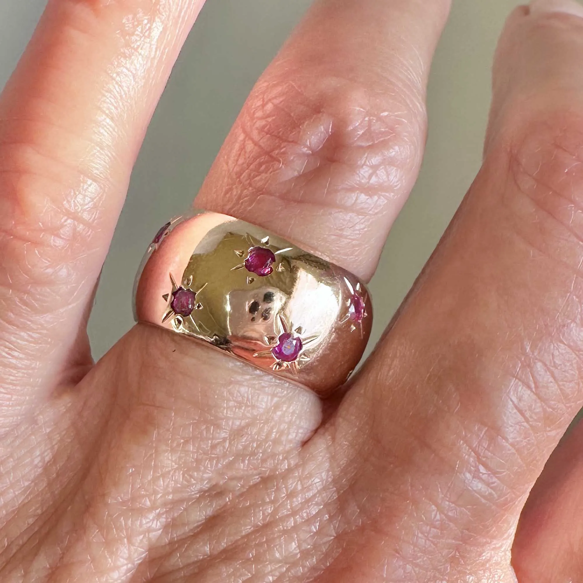 Wide 14K Rose Gold Ruby Eternity Ring Band, Star Engraved