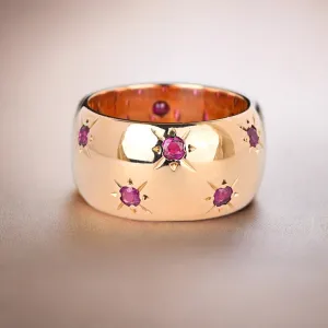 Wide 14K Rose Gold Ruby Eternity Ring Band, Star Engraved