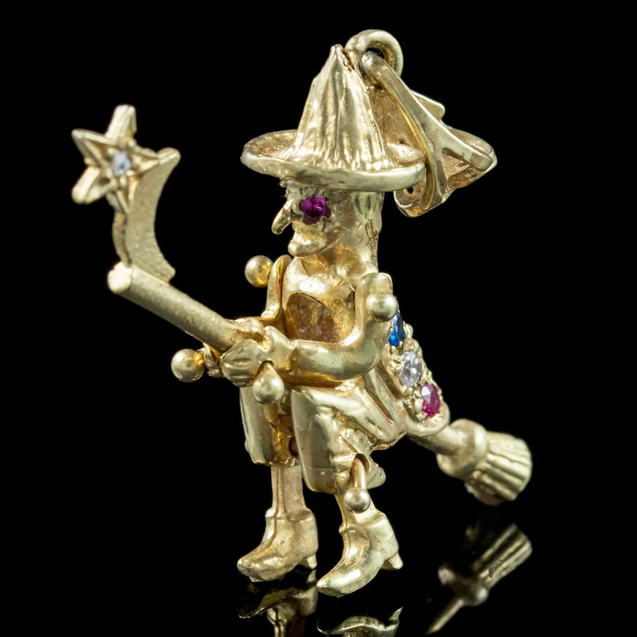 Witch On Broomstick Pendant 9ct Gold Diamond Ruby Sapphire