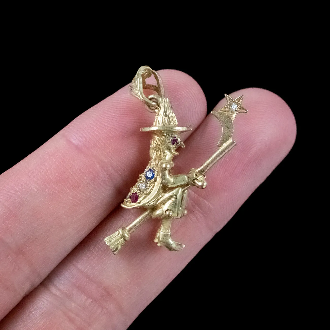 Witch On Broomstick Pendant 9ct Gold Diamond Ruby Sapphire