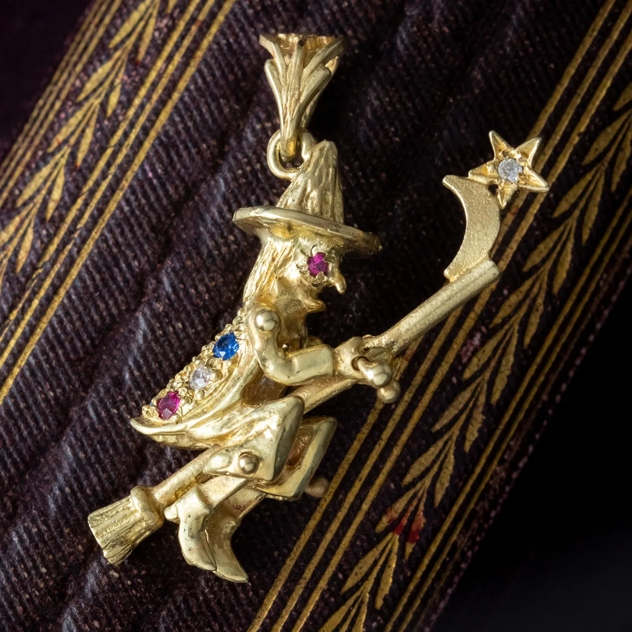 Witch On Broomstick Pendant 9ct Gold Diamond Ruby Sapphire