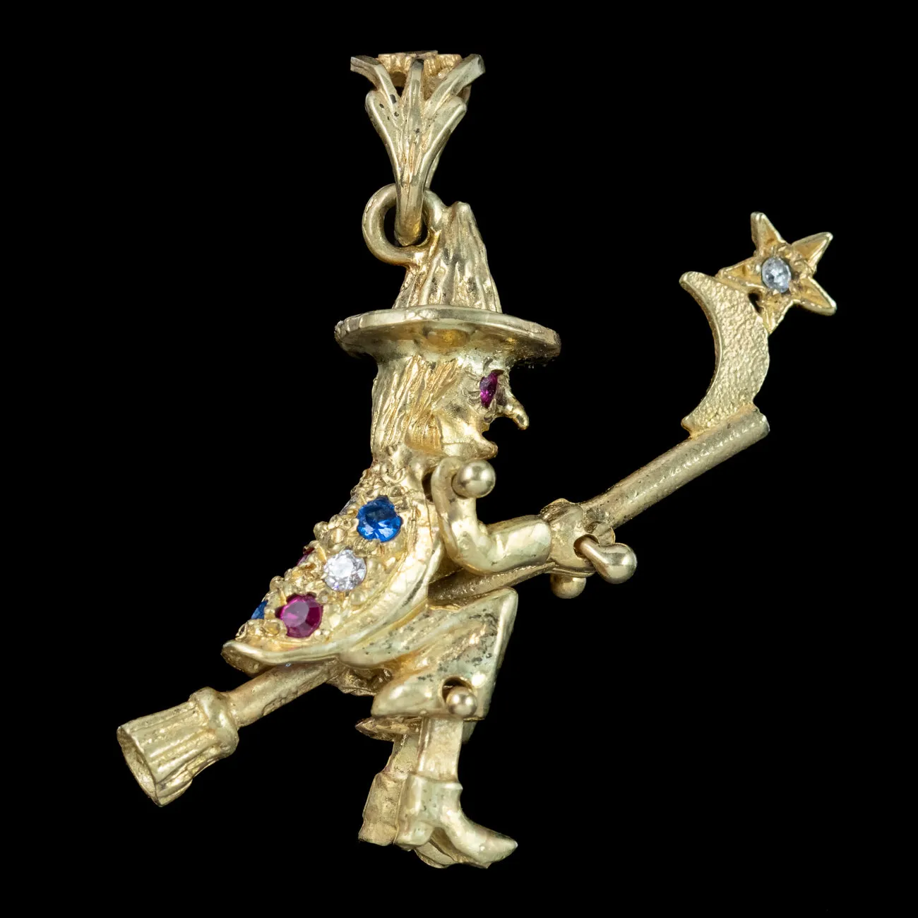 Witch On Broomstick Pendant 9ct Gold Diamond Ruby Sapphire