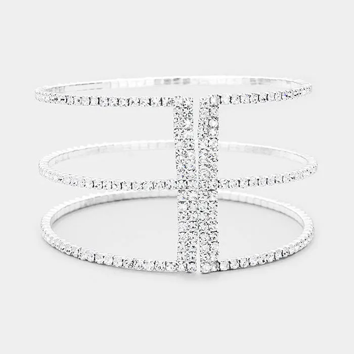 Xena - clear silver 3 Row pave adjustable rhinestone cuff