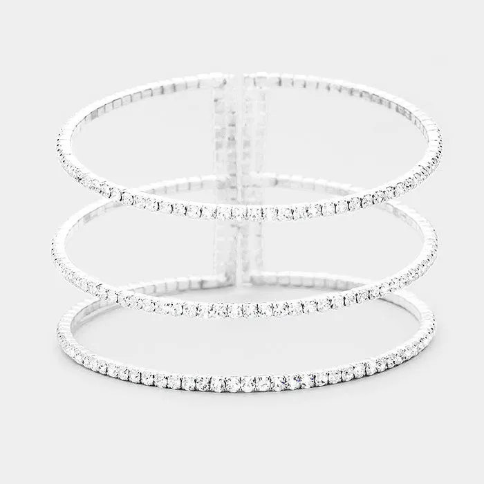 Xena - clear silver 3 Row pave adjustable rhinestone cuff