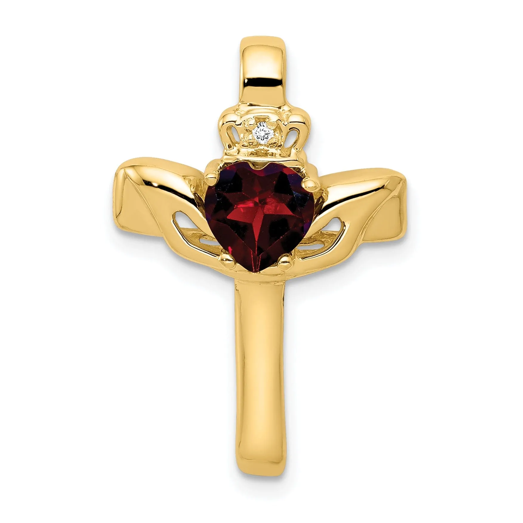 Yellow Gold Garnet Diamond Claddagh Cross Pendant